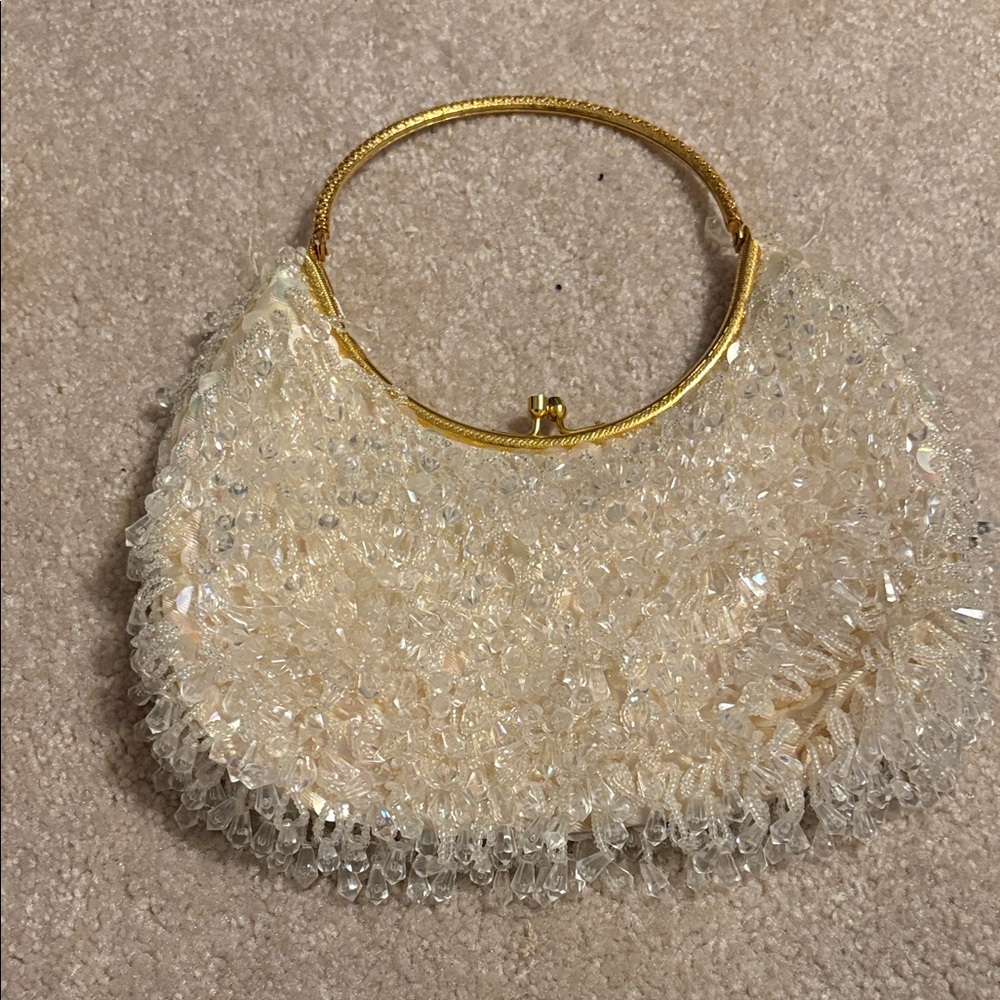 Beaded Ivory Evening Handbag with Gold Handle